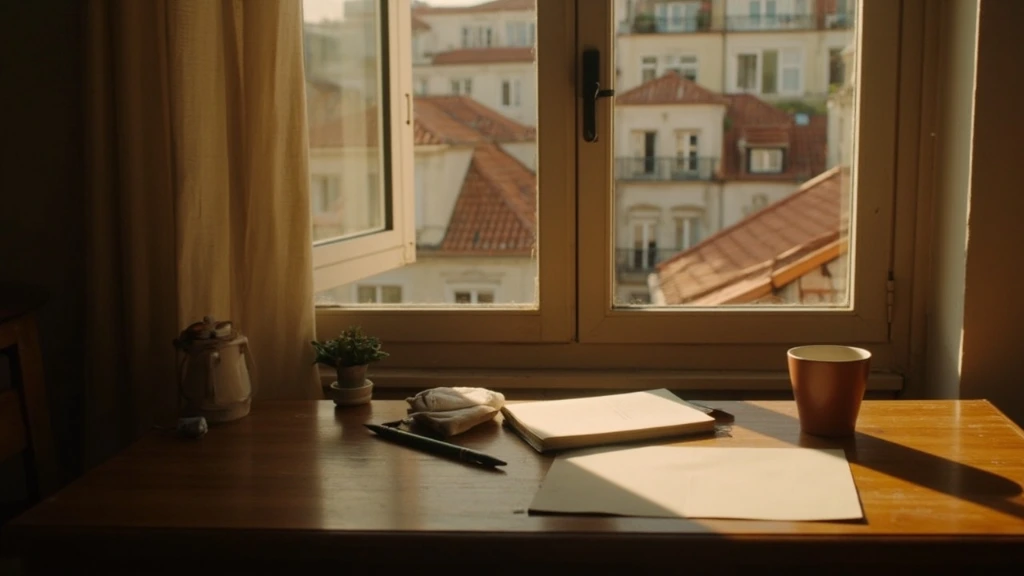 A quiet Lisbon studio workspace by an open window, late afternoon light.