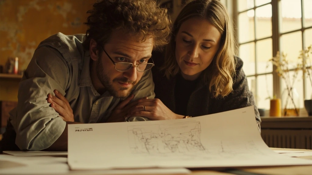 Two members of the Mewan studio reviewing printed brand work at a desk.