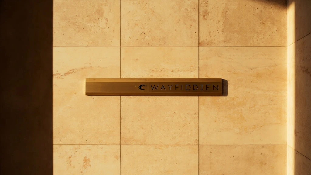 Fundação Carmona wayfinding system in a public atrium, brass on travertine